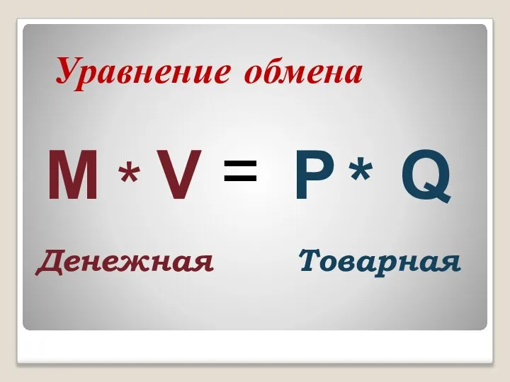 М Р Q * * V = Денежная Товарная Уравнение обмена