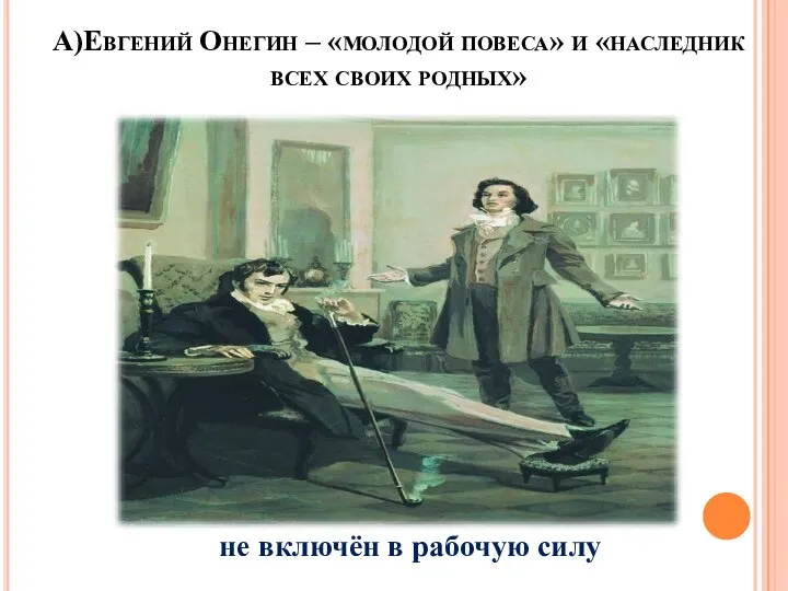 А)Евгений Онегин – «молодой повеса» и «наследник всех своих родных» не включён в рабочую силу