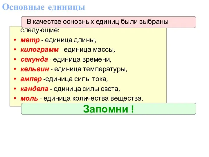 Запомни ! Основные единицы В качестве основных единиц были выбраны следующие: