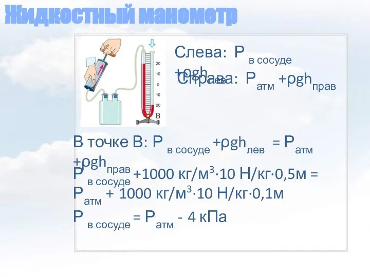 Жидкостный манометр Слева: Р в сосуде +ρghлев Справа: Ратм +ρghправ В