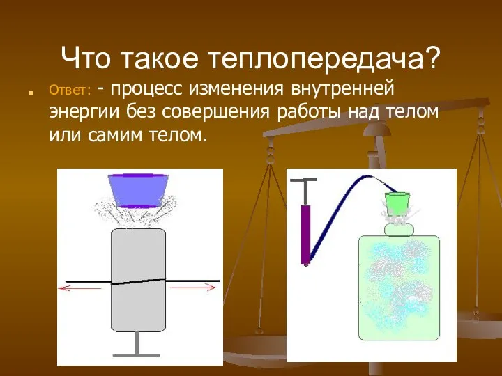 Что такое теплопередача? Ответ: - процесс изменения внутренней энергии без совершения