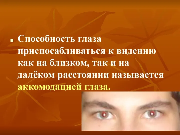 Способность глаза приспосабливаться к видению как на близком, так и на далёком расстоянии называется аккомодацией глаза.