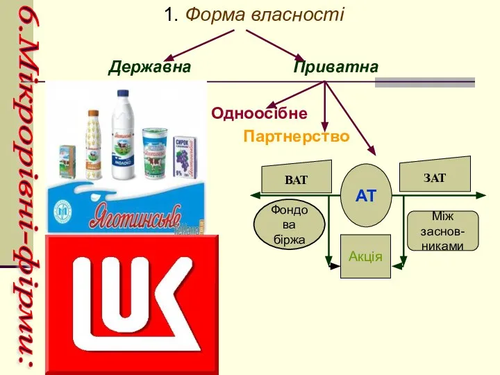 6.Мікрорівні-фірми: 1. Форма власності Державна Приватна Одноосібне Партнерство АТ Акція ВАТ