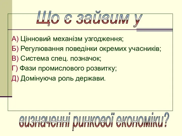 А) Цінновий механізм узгодження; Б) Регулювання поведінки окремих учасників; В) Система