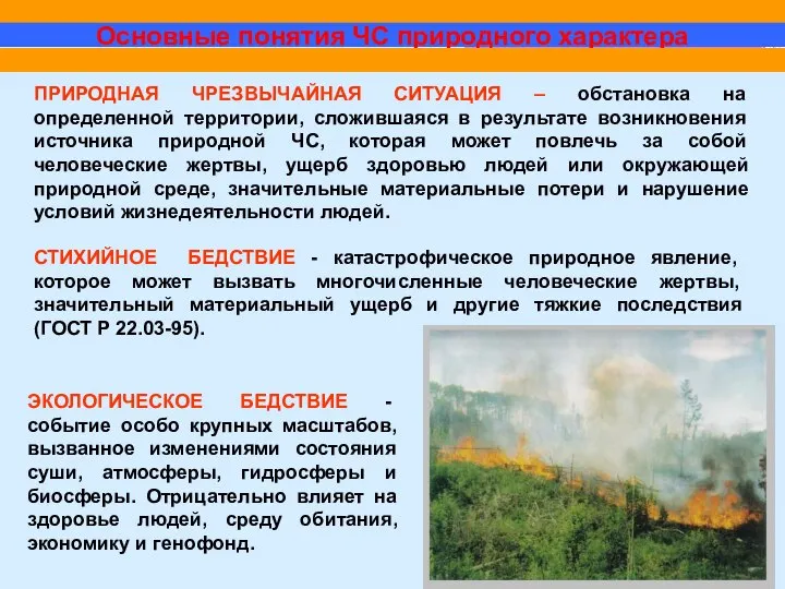 Основные понятия ЧС природного характера ПРИРОДНАЯ ЧРЕЗВЫЧАЙНАЯ СИТУАЦИЯ – обстановка на