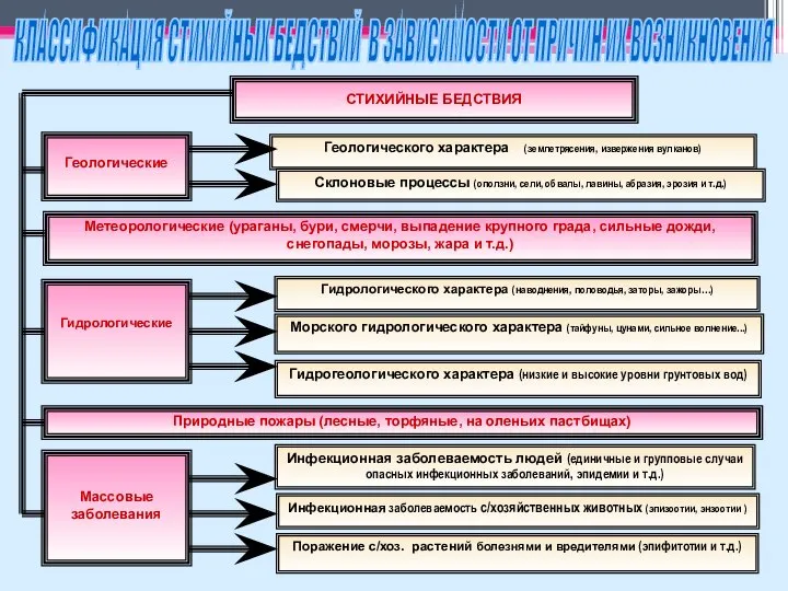 СТИХИЙНЫЕ БЕДСТВИЯ Геологического характера (землетрясения, извержения вулканов) Склоновые процессы (оползни, сели,