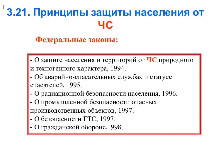 3.21. Принципы защиты населения от ЧС Федеральные законы: - О защите