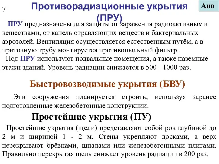 Противорадиационные укрытия (ПРУ) ПРУ предназначены для защиты от заражения радиоактивными веществами,