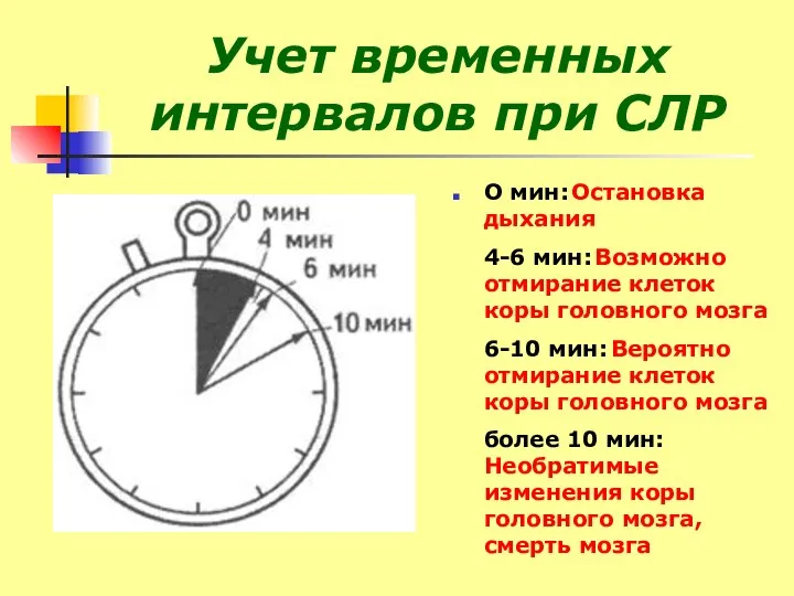 Учет временных интервалов при СЛР О мин: Остановка дыхания 4-6 мин: