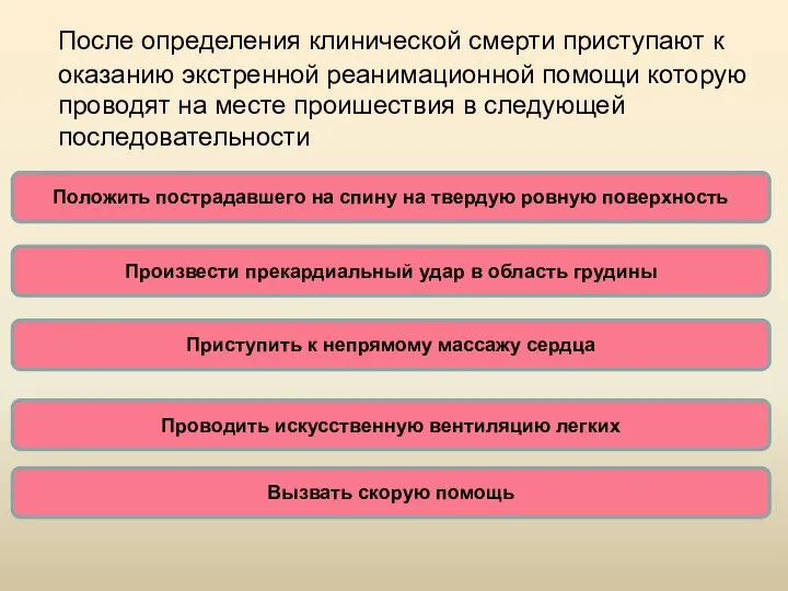 После определения клинической смерти приступают к оказанию экстренной реанимационной помощи которую