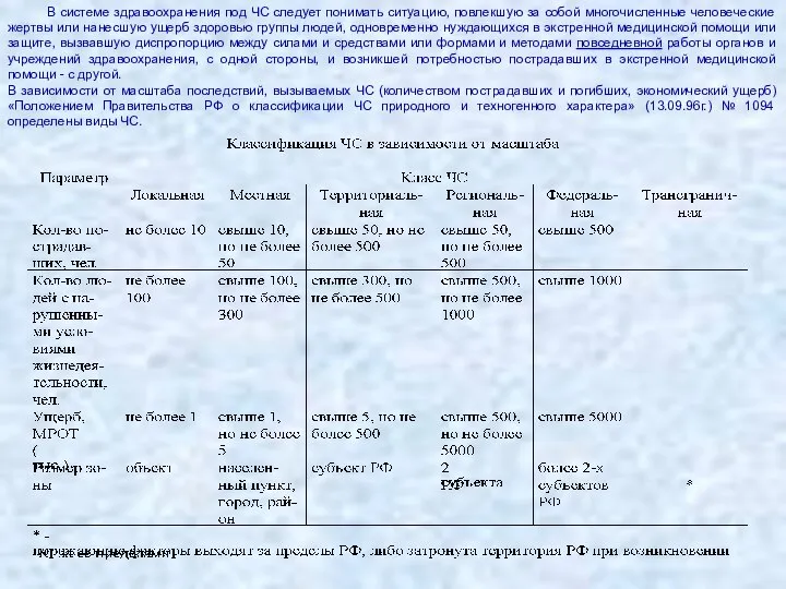 В системе здравоохранения под ЧС следует понимать ситуацию, повлекшую за собой