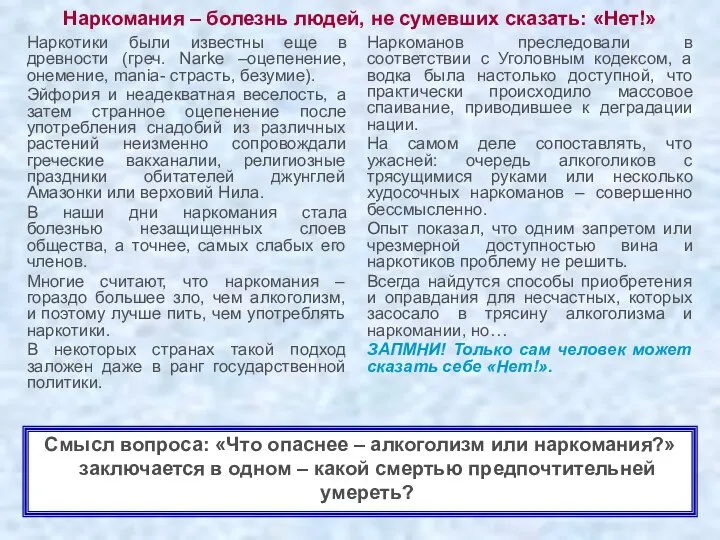 Наркомания – болезнь людей, не сумевших сказать: «Нет!» Наркотики были известны