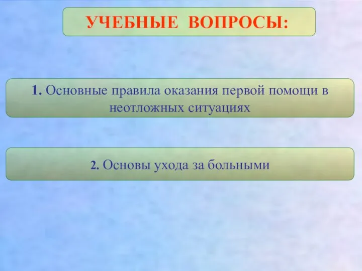 УЧЕБНЫЕ ВОПРОСЫ: 1. Основные правила оказания первой помощи в неотложных ситуациях 2. Основы ухода за больными