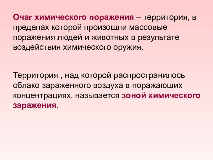 Очаг химического поражения – территория, в пределах которой произошли массовые поражения