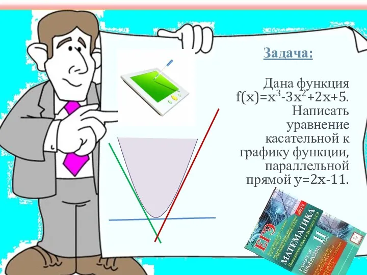 Задача: Дана функция f(x)=x3-3x2+2x+5. Написать уравнение касательной к графику функции, параллельной прямой y=2x-11.