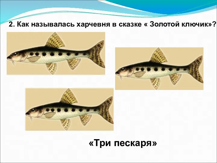 2. Как называлась харчевня в сказке « Золотой ключик»? «Три пескаря»