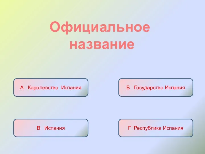 Официальное название А Королевство Испания Б Государство Испания В Испания Г Республика Испания