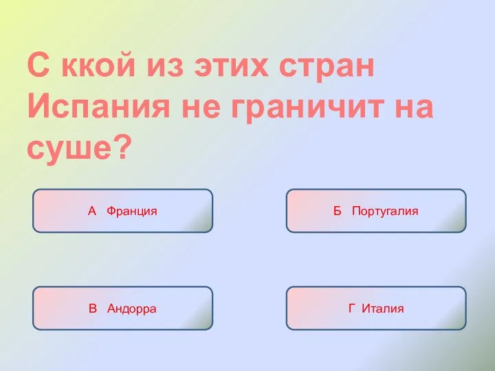 С ккой из этих стран Испания не граничит на суше? А