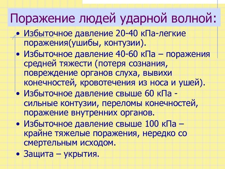 Поражение людей ударной волной: Избыточное давление 20-40 кПа-легкие поражения(ушибы, контузии). Избыточное