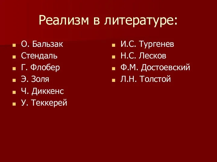 Реализм в литературе: О. Бальзак Стендаль Г. Флобер Э. Золя Ч.