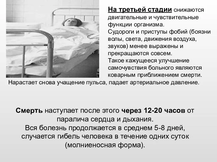 Смерть наступает после этого через 12-20 часов от паралича сердца и