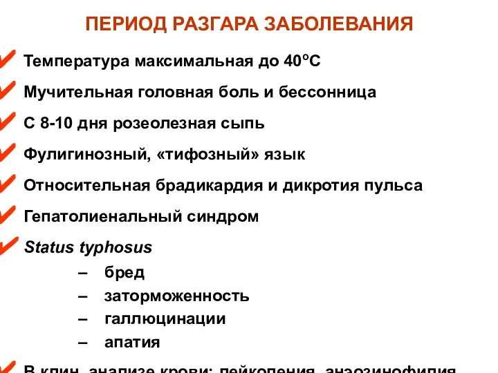 ПЕРИОД РАЗГАРА ЗАБОЛЕВАНИЯ Температура максимальная до 40оС Мучительная головная боль и