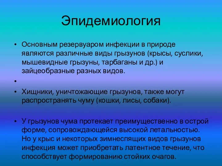 Эпидемиология Основным резервуаром инфекции в природе являются различные виды грызунов (крысы,