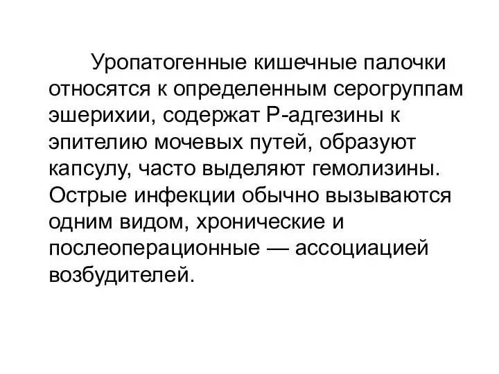 Уропатогенные кишечные палочки относятся к определенным серогруппам эшерихии, содержат Р-адгезины к