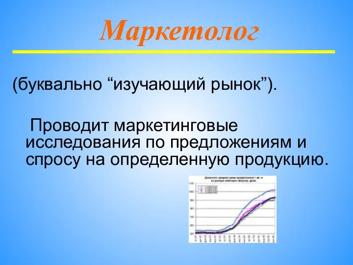 (буквально “изучающий рынок”). Проводит маркетинговые исследования по предложениям и спросу на определенную продукцию. Маркетолог