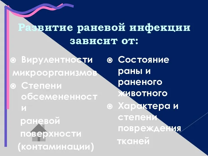 Развитие раневой инфекции зависит от: Вирулентности микроорганизмов Степени обсемененности раневой поверхности