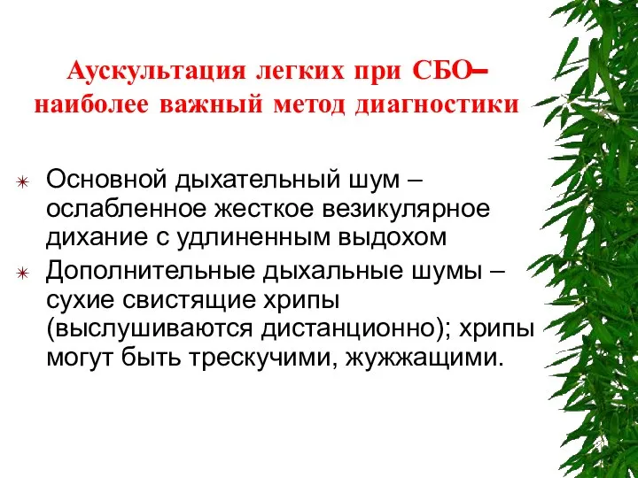 Аускультация легких при СБО– наиболее важный метод диагностики Основной дыхательный шум