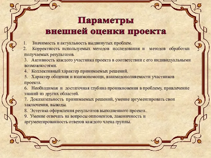 Параметры внешней оценки проекта Значимость и актуальность выдвинутых проблем. Корректность используемых