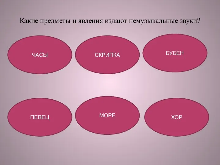 Какие предметы и явления издают немузыкальные звуки? ЧАСЫ СКРИПКА БУБЕН ПЕВЕЦ МОРЕ ХОР