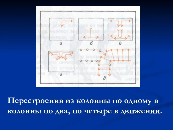 Перестроения из колонны по одному в колонны по два, по четыре в движении.