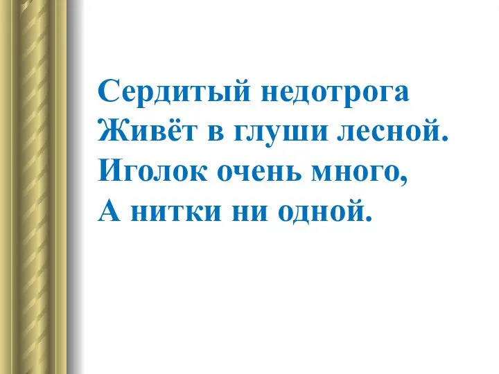 Сердитый недотрога Живёт в глуши лесной. Иголок очень много, А нитки ни одной.