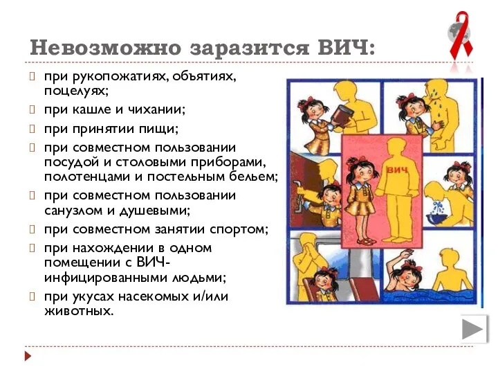 Невозможно заразится ВИЧ: при рукопожатиях, объятиях, поцелуях; при кашле и чихании;