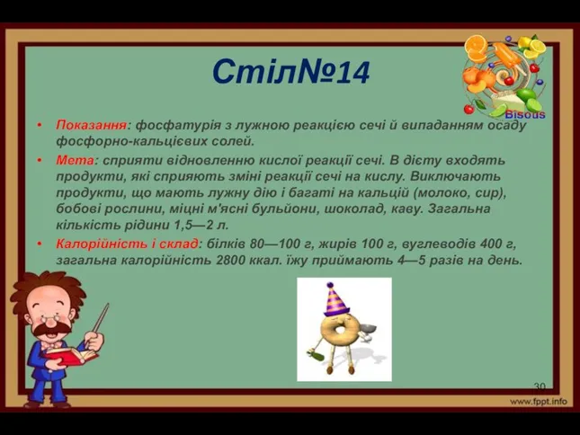 Стіл№14 Показання: фосфатурія з лужною реакцією сечі й випаданням осаду фосфорно-кальцієвих