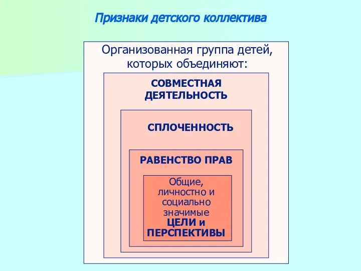 Признаки детского коллектива Общие, личностно и социально значимые ЦЕЛИ и ПЕРСПЕКТИВЫ