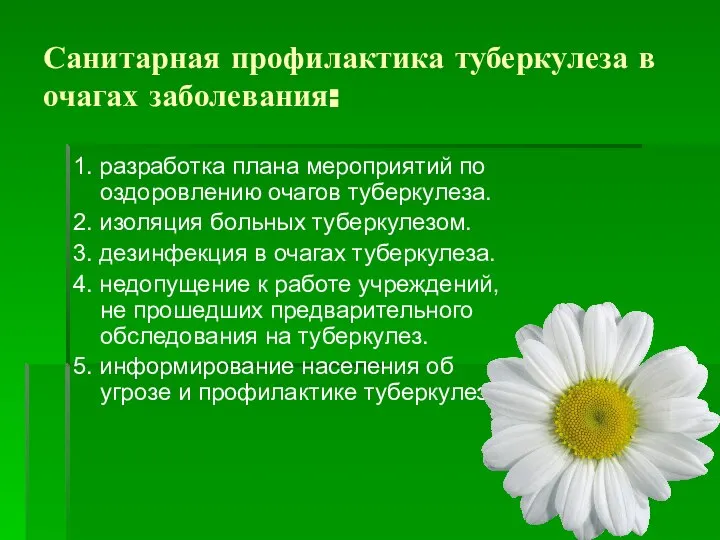 Санитарная профилактика туберкулеза в очагах заболевания: 1. разработка плана мероприятий по