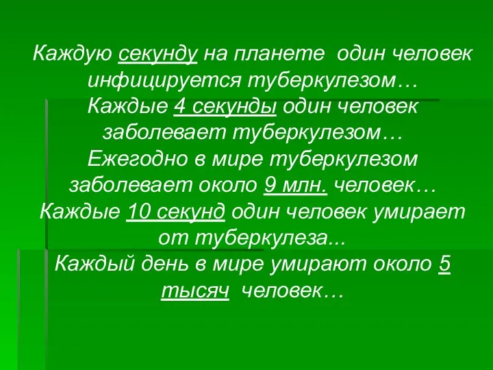 Каждую секунду на планете один человек инфицируется туберкулезом… Каждые 4 секунды