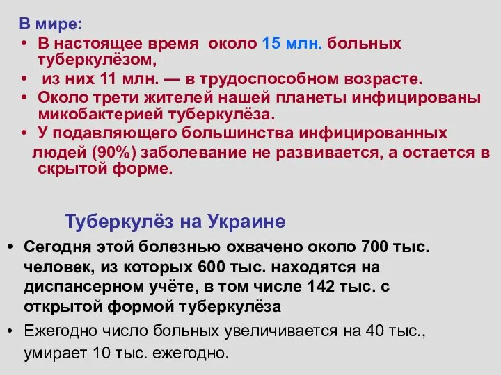 В мире: В настоящее время около 15 млн. больных туберкулёзом, из