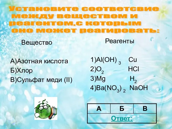 Вещество А)Азотная кислота Б)Хлор В)Сульфат меди (II) Реагенты 1)Al(OH) 3 Cu