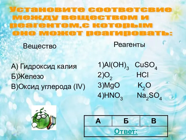 Вещество А) Гидроксид калия Б)Железо В)Оксид углерода (IV) Реагенты 1)Al(OH)3 CuSO4