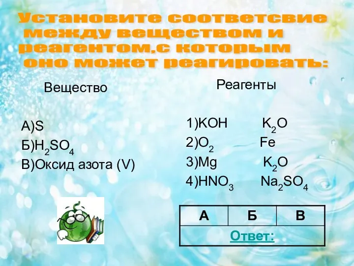 Вещество А)S Б)H2SO4 В)Оксид азота (V) Реагенты 1)KOH K2O 2)O2 Fe