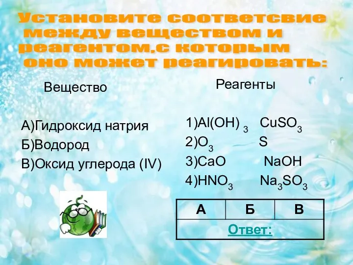 Вещество А)Гидроксид натрия Б)Водород В)Оксид углерода (IV) Реагенты 1)Al(OH) 3 CuSO3