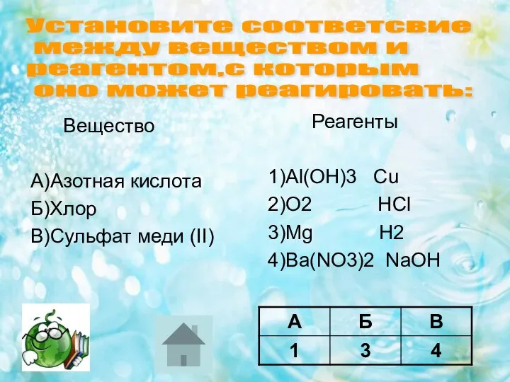 Вещество А)Азотная кислота Б)Хлор В)Сульфат меди (II) Реагенты 1)Al(OH)3 Cu 2)O2