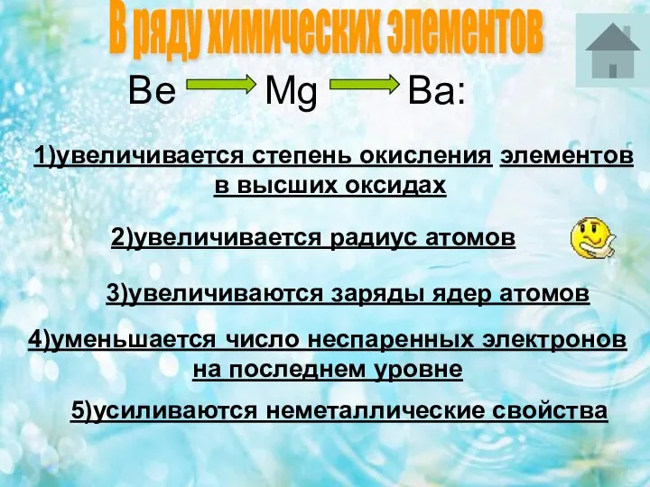 Be Mg Ba: 1)увеличивается степень окисления элементов в высших оксидах 2)увеличивается