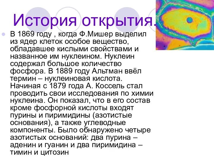 История открытия. В 1869 году , когда Ф.Мишер выделил из ядер