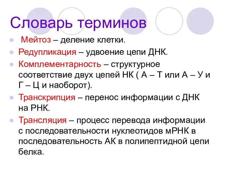 Словарь терминов Мейтоз – деление клетки. Редупликация – удвоение цепи ДНК.