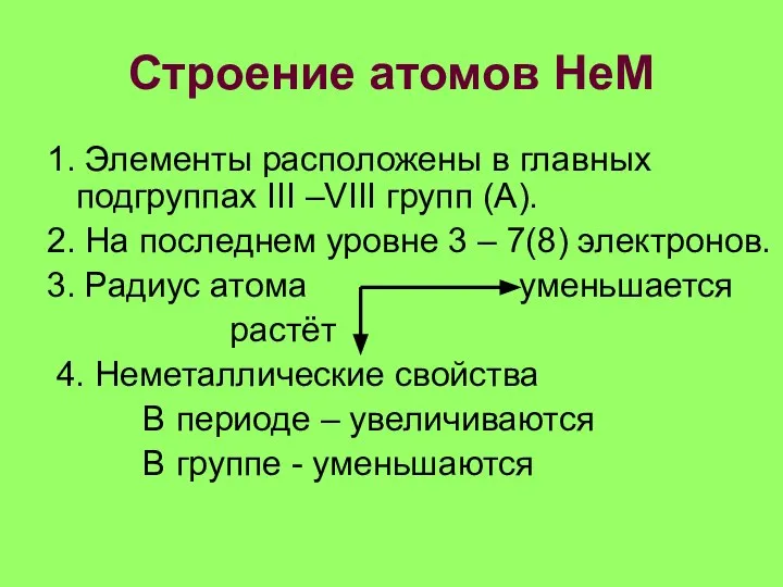 Строение атомов НеМ 1. Элементы расположены в главных подгруппах III –VIII